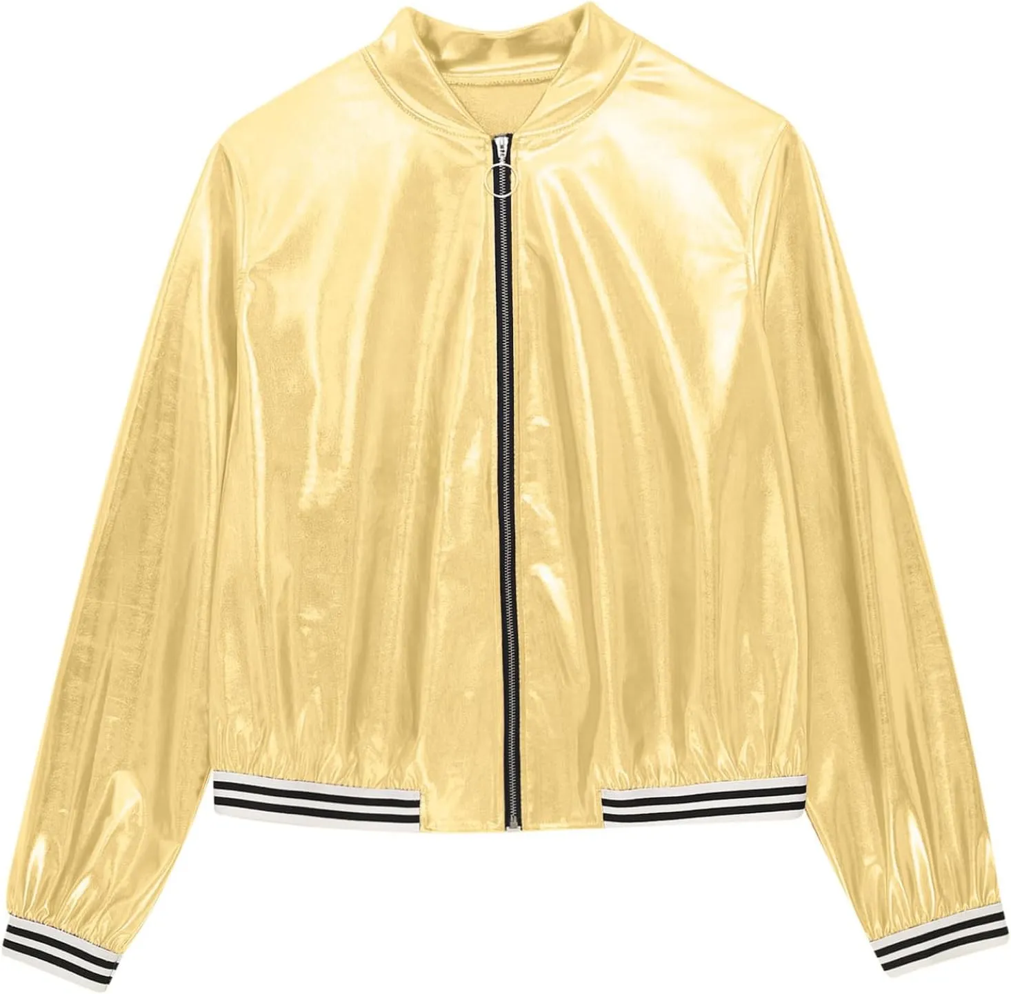 Women's Sparkly Holographic Lightweight Bomber Jacket Shiny Metallic Zipper Up Coat Outerwear