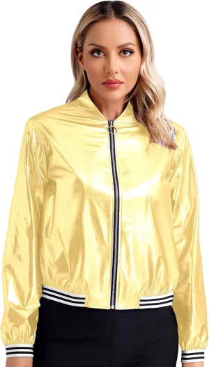 Women's Sparkly Holographic Lightweight Bomber Jacket Shiny Metallic Zipper Up Coat Outerwear