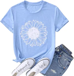 Women's Summer Sunflower T Shirt Cute Flower Graphic Loose Tees Crew Neck Short Sleeve Casual Tops