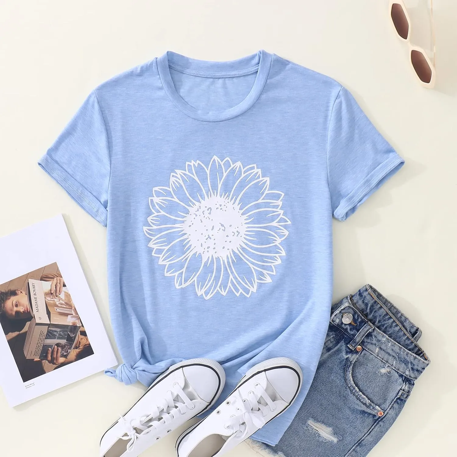 Women's Summer Sunflower T Shirt Cute Flower Graphic Loose Tees Crew Neck Short Sleeve Casual Tops