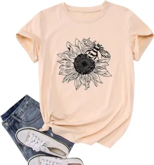 Women's Summer Sunflower T Shirt Cute Flower Graphic Loose Tees Crew Neck Short Sleeve Casual Tops