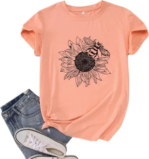Women's Summer Sunflower T Shirt Cute Flower Graphic Loose Tees Crew Neck Short Sleeve Casual Tops