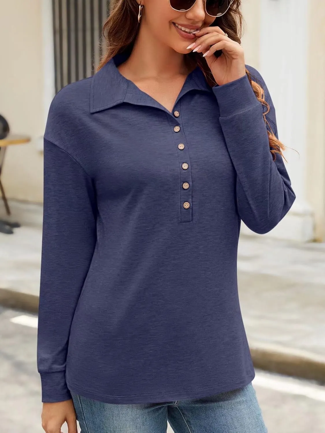 Womens V Neck Collared Shirts Long Sleeve Button Tops Dressy Casual Spring Tops Loose Polo Blouse 2025