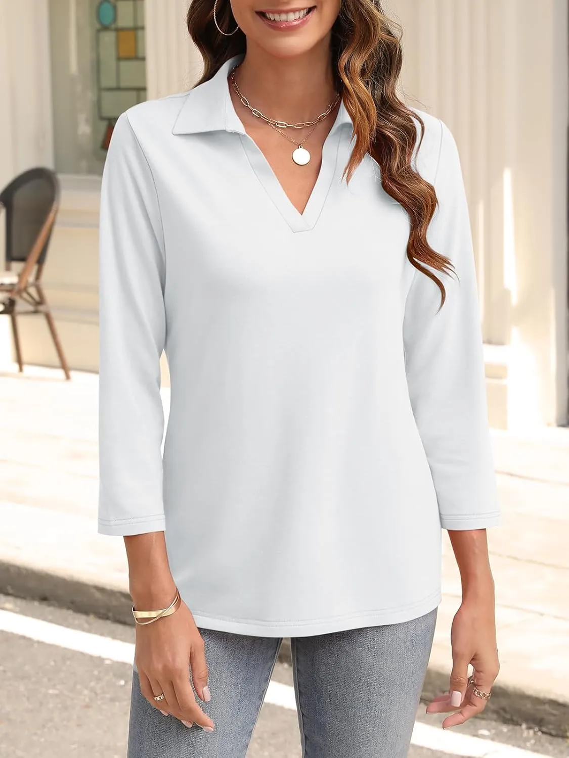 Womens V Neck Polo Shirts 3/4 Sleeve Collared Tops Business Casual Summer Tops Trendy Loose