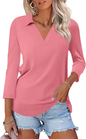 Womens V Neck Polo Shirts 3/4 Sleeve Collared Tops Business Casual Summer Tops Trendy Loose