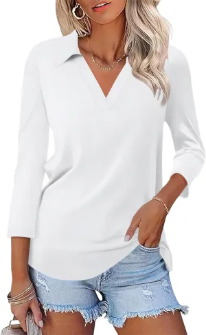 Womens V Neck Polo Shirts 3/4 Sleeve Collared Tops Business Casual Summer Tops Trendy Loose
