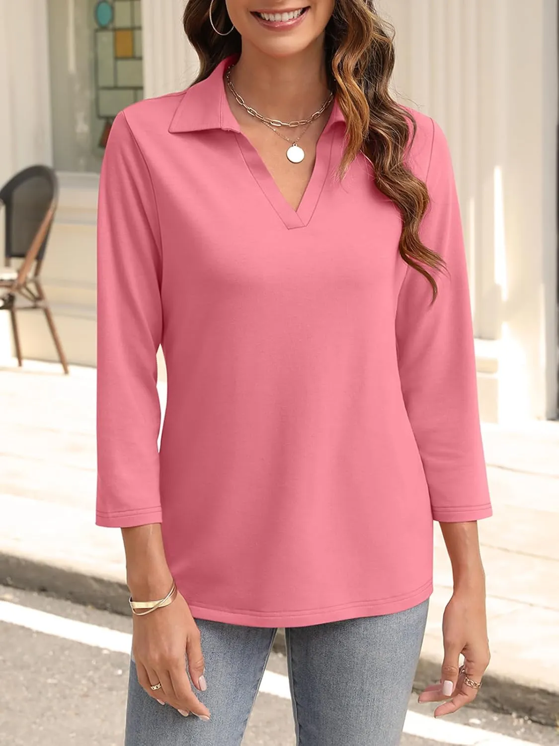 Womens V Neck Polo Shirts 3/4 Sleeve Collared Tops Business Casual Summer Tops Trendy Loose