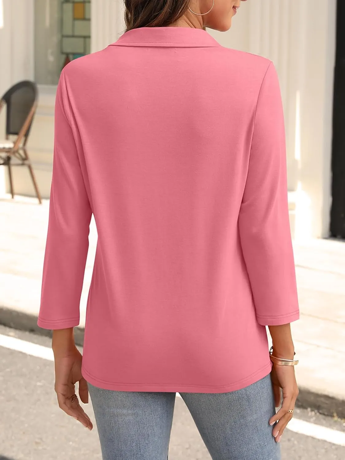 Womens V Neck Polo Shirts 3/4 Sleeve Collared Tops Business Casual Summer Tops Trendy Loose